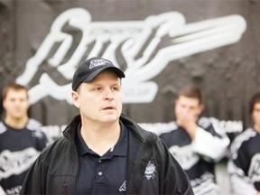 Edmonton Rush head coach/general manager Derek Keenan talks with a couple of players during the National Lacrosse League team’s practice on Dec. 5, 2009, at the Leduc Recreation Centre.