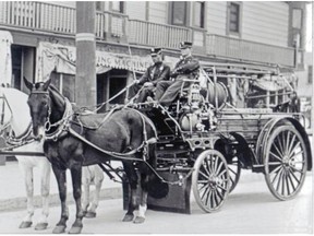 Horse-drawn fire equipment similar to this used in Los Angeles was also used to fight fires in Edmonton in the early 1900s.