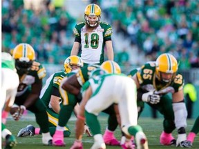 Hugh O’Neill #18 of the Edmonton Eskimos prepares to kick a field goal in a game between the Edmonton Eskimos and Saskatchewan Roughriders at Mosaic Stadium on Oct. 19, 2014 in Regina.
Photograph by: Brent Just, Getty Images