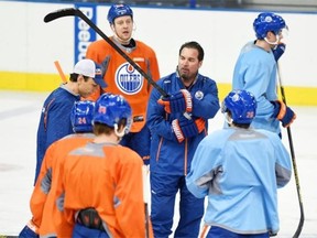 Interim head coach Todd Nelson directs traffic for the first time at an Edmonton Oilers practice on Dec. 29, 2014, at Rexall Place.