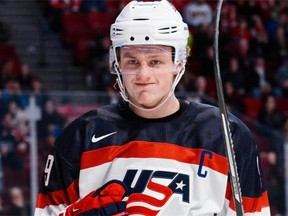 Jack Eichel of the United States celebrates his goal during the 2015 IIHF World Junior Hockey Championship game against Team Germany at the Bell Centre on December 28, 2014 in Montreal. Team United States defeated Team Germany 6-0.