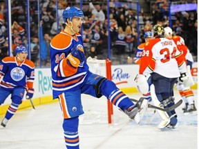 Jordan Eberle of the Edmonton Oilers, celebrates his first period goal against  the Florida Panthers at Rexall Place in Edmonton on Nov. 21, 2013.