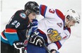 Kelowna's Leon Draisaitl had big Brandon Baddock of Edmonton Oil Kings in his face for much of Wednesday night's contest.