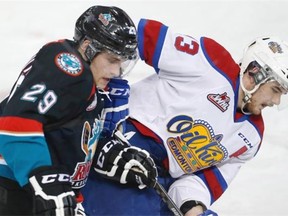 Kelowna's Leon Draisaitl had big Brandon Baddock of Edmonton Oil Kings in his face for much of Wednesday night's contest.