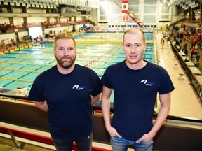 Mike Stansberry, left, and Justin Shields, shown at the Kinsmen pool on Jan. 11, are the co-organizers of the international gay and lesbian aquatics championship in 2016.