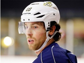 Nashville Predators forward James Neal, formerly of the Pittsburgh Penguins, listens to instructions during training camp on Sept. 19, 2014.