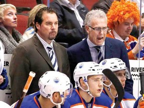 "Pack your bags!" Oilers GM/Interim Transition Co-Coach Craig MacTavish hollers instructions at (L-R) Steve Pinizzotto, Leon Drasaitl, and David Perron. In the past ten days MacTavish has resumed his GM duties, where his first order of business was finding a new address for all three of these players, plus a few others. Meanwhile, Interim Coach Todd Nelson has taken full command of the bench.