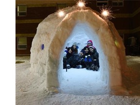 University of Alberta Students from the I-House dormitory created an igloo in their back yard that gave international students a reason to go outside and experience a Canadian winter. The project took about 34 hours and used close to 100 blocks of snow compressed in waste paper pails.