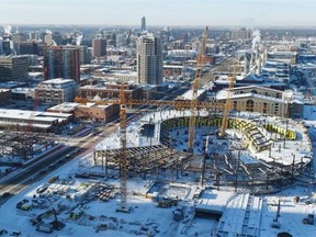 A bird's eye view of construction on Edmonton's downtown arena is among the venues Wednesday's drone flight will visit.
