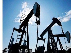 Pumpjacks at work pumping crude oil near Halkirk in 2007.