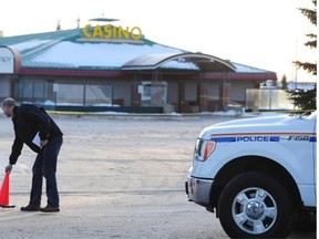 The RCMP is looking for a suspect after two uniformed officers were shot inside Apex Casino in St. Albert on Jan. 17, 2015.