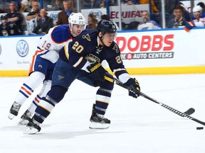 Edmonton Oilers spent much of Tuesday night in chase mode. Here Justin Schultz pursues Alex Steen of St. Louis Blues.