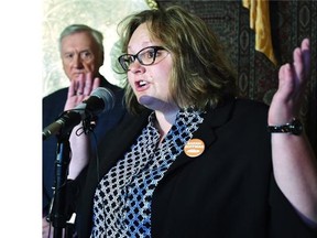 Sarah Hoffman announces she has stepped down as chairperson of the Edmonton Public School Board to run for the NDP nomination in the riding of Edmonton Glenora in Edmonton, Jan. 19, 2015.