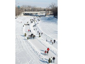 Skaters and pedestrians use the 5.5-km trail down the Red and Assiniboine rivers near The Forks in Winnipeg.