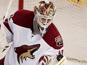 Arizona Coyotes goalie Devan Dubnyk makes a save against the Edmonton Oilers on Nov. 16, 2014, during NHL action at Rexall Place in Edmonton.