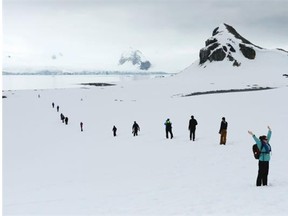 Students on an Antarctic expedition on Half-Moon Island Bransfiels Strait.