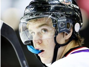 Team Orr captain Connor McDavid, of the Erie Otters, looks on during the third period of the CHL Top Prospects Game in St. Catharines, Ont., on Thursday, January 22, 2015.