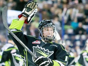 Tyson Gruninger of the Edmonton Oil Kings celebrates his first Western Hockey League goal against against the Swift Current Broncos at Rexall Place on Dec. 31, 2014.