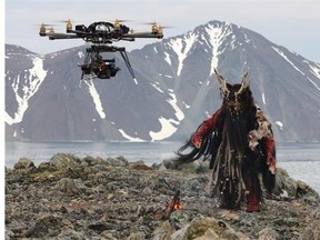 An aerial drone filming the re-creation of a shaman character on the Russian Bering Strait, fFrom Niobe Thompson’s upcoming three-part documentary, The Great Human Odyssey, which airs on The Nature of Things in February.