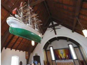 Alanna Lastiwka was surprised to discover this hanging model boat when she visited Angsar Danish Lutheran Church in Edmonton as part of her project visiting 100 churches in 100 weeks.