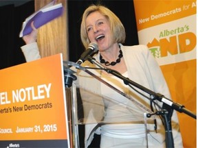 Alberta NDP Leader Rachel Notley speaks at the party’s January council meeting in Edmonton on January 31, 2015.