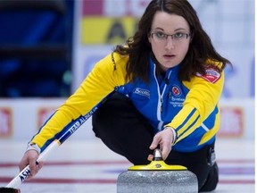 Alberta skip Val Sweeting makes a shot during the Scotties Tournament of Hearts Canadian women’s curling championship at Moose Jaw, Sask.