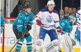 Antti Niemi #31 and Matt Tennyson #80 of the San Jose Sharks get in position for a shot on net against Anton Lander #51 of the Edmonton Oilers during an NHL game on February 2, 2015 at SAP Center in San Jose, Calif.