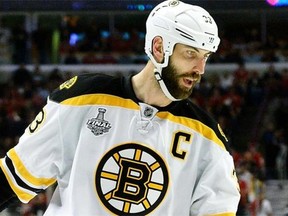 Boston Bruins captain Zdeno Chara looks on against the Chicago Blackhawks in Game 5 of the 2013 NHL Stanley Cup Final at Chicago’s United Center on June 22, 2013.