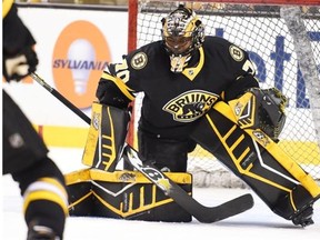 Bruins rookie netminder Malcolm Subban warms up before a National Hockey League game against the Montreal Canadiens at the TD Garden in Boston on Feb. 8, 2015.