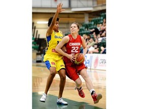 Canada’s Katherine Plouffe eludes Brazil’s Bianca Silva during an Edmonton Grads International Classic women’s basketball game at the Saville Community Sports Centre on June 27, 2014.