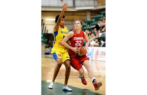 Canada’s Katherine Plouffe eludes Brazil’s Bianca Silva during an Edmonton Grads International Classic women’s basketball game at the Saville Community Sports Centre on June 27, 2014.