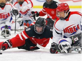 Canada's Tyler McGregor loses control of the puck to Korea's Min-Su Han during action at the World Sledge Hockey Challenge at the Leduc Recreation Centre on Feb. 1, 2015, in Leduc, Alta.