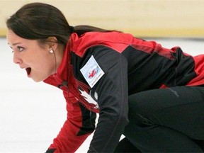 Canada’s women junior skip Kelsey Rocque shouts during their gold medal match in Flims, Switzerland, on March 5, 2014.