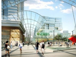 A concept image of the new University of Alberta building, looking east, as viewed from the proposed Galleria.