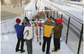 Cross-country skiers lock up their skis at the Century Park LRT Station on January 31, 2015. The City of Edmonton installed the rack to encourage people to ski to the south-side public transit station.