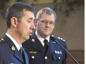 EPS Deputy Chief Brian Simpson, right, and Assistant Commissioner Marlin Degrand, Criminal Operations Officer for the RCMP in Alberta’s K Division, speak about the terrorist threat against  West Edmonton Mall in Edmonton on Feb. 22, 2015.