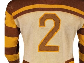 Eddie Shore's Boston Bruins jersey is shown in a handout photo. The Boston Bruins No. 2 jersey once worn by the four-time National Hockey League most valuable player, one of the nastiest players of all time, fetched $119,500 at auction Saturday, Feb. 21, 2015.