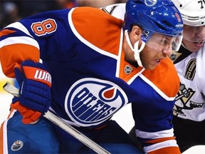 Edmonton Oilers Derek Roy (8) against the Pittsburgh Penguins during NHL action at Rexall Place in Edmonton, February 4, 2015.