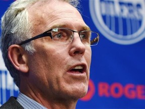 Edmonton Oilers General Manager Craig MacTavish at a news conference fielding questions about the firing of Oilers head coach Dallas Eakins in Edmonton on Dec. 15, 2014.