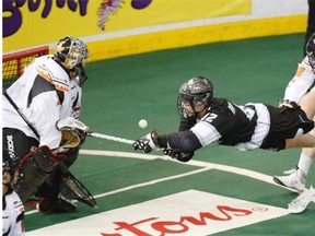 Edmonton Rush forward Mark Matthews loses control of the ball in front of New England Black Wolves goalie Evan Kirk on Jan. 30, 2015 in Edmonton.