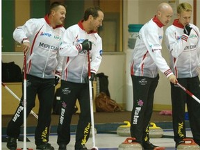 From left, Ben Hebert, Brent Laing, Kevin Koe and Marc Kennedy hold a curling practice at the Saville Community Sports Centre on Oct. 9, 2014.