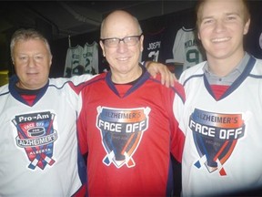 Greg Christenson, the founder and chair of the April 10-12 Alzheimer’s Society Face Off Pro-AM Hockey Tournament in Edmonton and Leduc, with players Dan Hamilton, left, and Andrew Usenik. Hamilton and Usenik hope their Select Few team will raise more than $150,000 and take their four-year-total to more than $250,000.