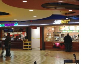 A hallway in the basement food court in downtown Scotia Place was roped off with police tape after a man was attacked Monday afternoon.