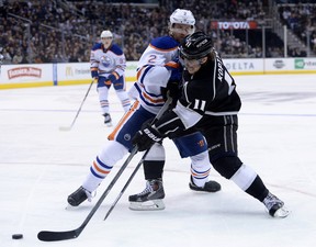 Jeff Petry rides off Anze Kopitar. Soon he may be riding off into the sunset, at least from an Edmonton perspective.