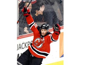 New Jersey Devils’ Jaromir Jagr celebrates a goal against the Pittsburgh Penguins earlier this season. The big winger remains a viable presence despite turning 43 on Sunday. He ranks sixth all-time in NHL scoring.