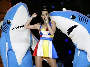 Katy Perry performs during halftime of the NFL Super Bowl XLIX football game in Glendale, Ariz. The dancing sharks that stole some of the spotlight during Perry’s Super Bowl halftime show have taken a bite out of an artist’s bid to sell small figurines of them.