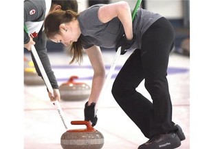 Kelsey Rocque and her Saville Centre rink of Danielle Schiemann, Holly Jamieson, pictured here, and Jesse Iles have their sights set on winning the world junior women’s curling championship, which starts Saturday, Feb. 28, 2015, at Tallinn, Estonia.