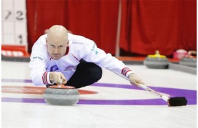Kevin Koe of Calgary gets low to throw his rock during the round-robin portion of the Boston Pizza Cup Alberta men’s curling championship at the Peace Memorial Multiplex in Wainwright this week.