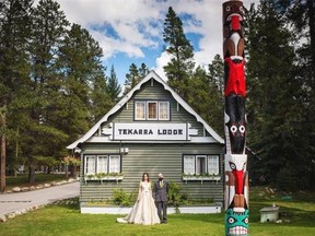 Kirsten and Dan Jones stand in front of Tekarra Lodge in Jasper National Park where they got married in August 2014.