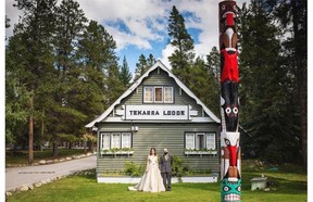 Kirsten and Dan Jones stand in front of Tekarra Lodge in Jasper National Park where they got married in August 2014.